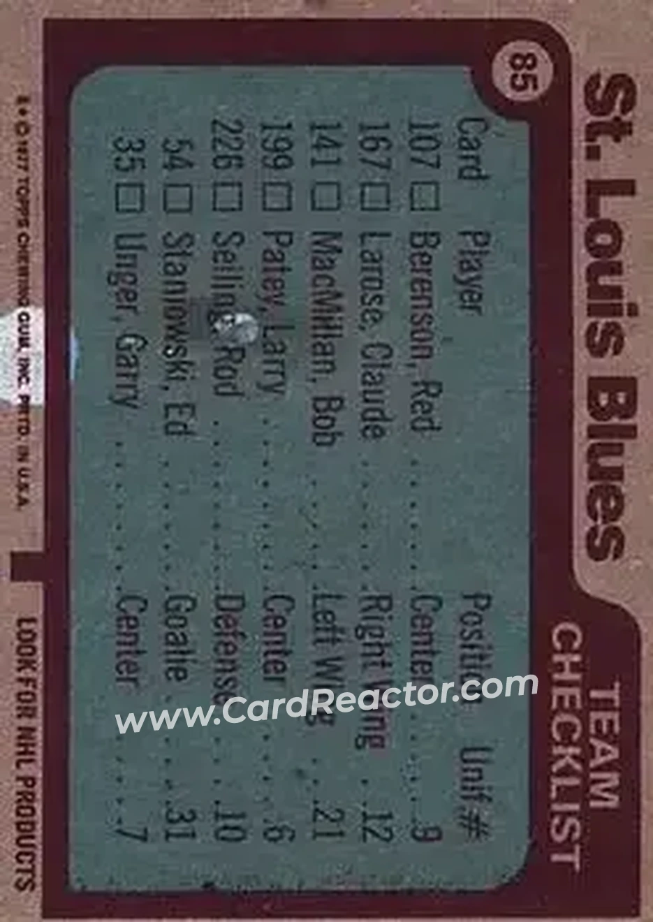 1977-78 Topps #85 - St. Louis Blues CL, TC - St. Louis Blues - St. Louis Blues - Back