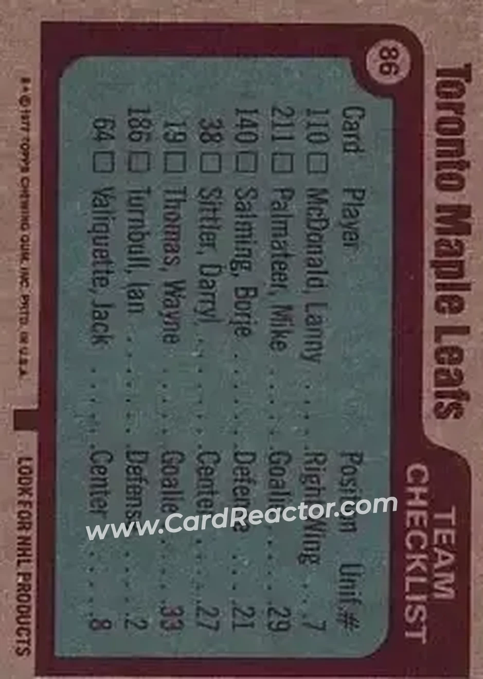 1977-78 Topps #86 - Toronto Maple Leafs CL, TC - Toronto Maple Leafs - Toronto Maple Leafs - Back 1977-78 Topps #86 - Toronto Maple Leafs CL, TC - Toronto Maple Leafs - Toronto Maple Leafs - Back