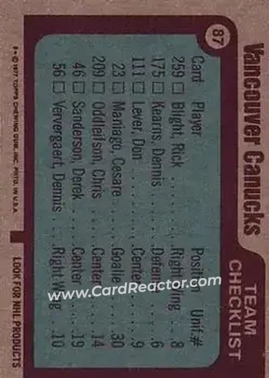 1977-78 Topps #87 - Vancouver Canucks CL, TC - Vancouver Canucks - Vancouver Canucks - Back