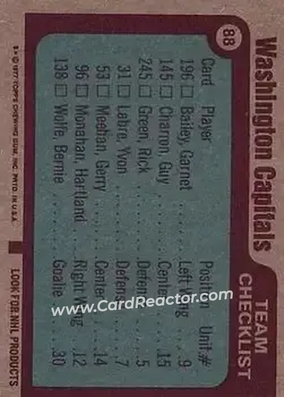 1977-78 Topps #88 - Washington Capitals CL, TC - Washington Capitals - Washington Capitals - Back 1977-78 Topps #88 - Washington Capitals CL, TC - Washington Capitals - Washington Capitals - Back