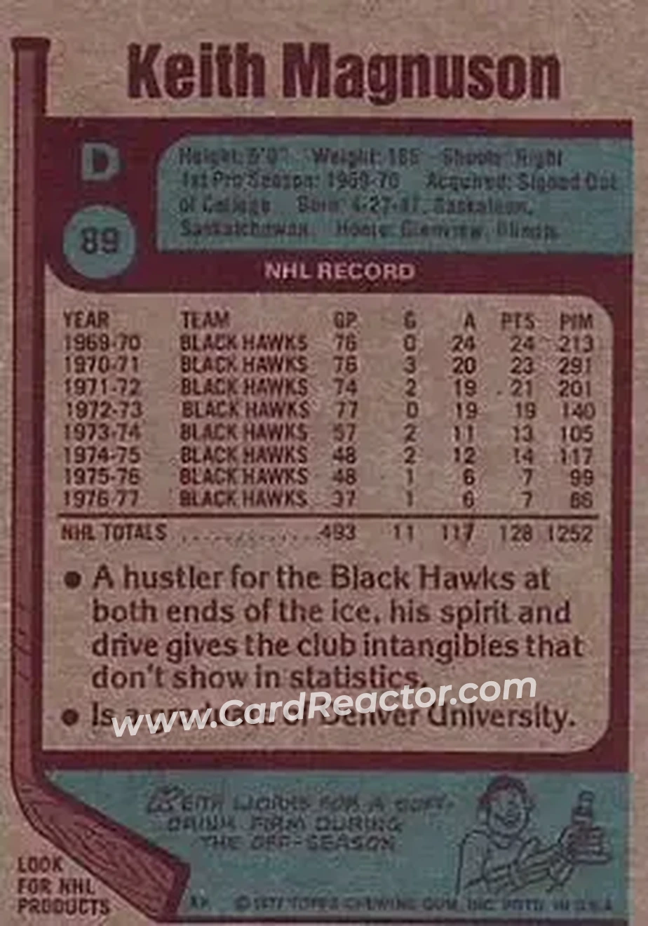 1977-78 Topps #89 - Keith Magnuson - Chicago Blackhawks - Back