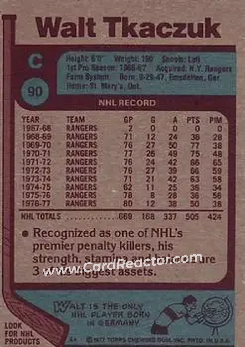 1977-78 Topps #90 - Walt Tkaczuk - New York Rangers - Back 1977-78 Topps #90 - Walt Tkaczuk - New York Rangers - Back