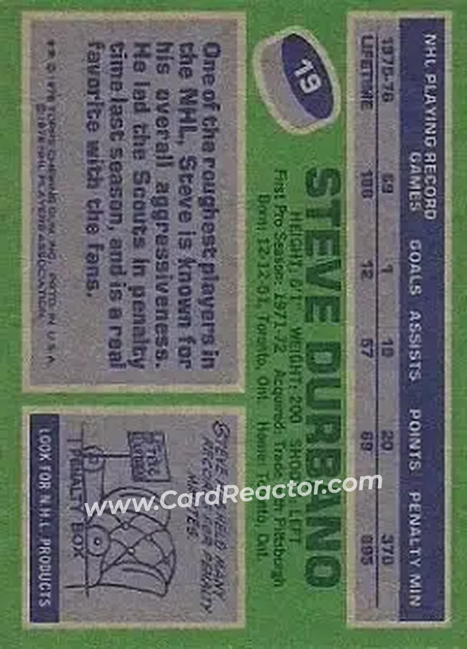 1976-77 Topps #19 - Steve Durbano - Kansas City Scouts - Back 1976-77 Topps #19 - Steve Durbano - Kansas City Scouts - Back