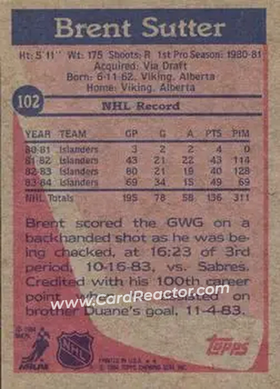 1984-85 Topps #102 - Brent Sutter - New York Islanders - Back