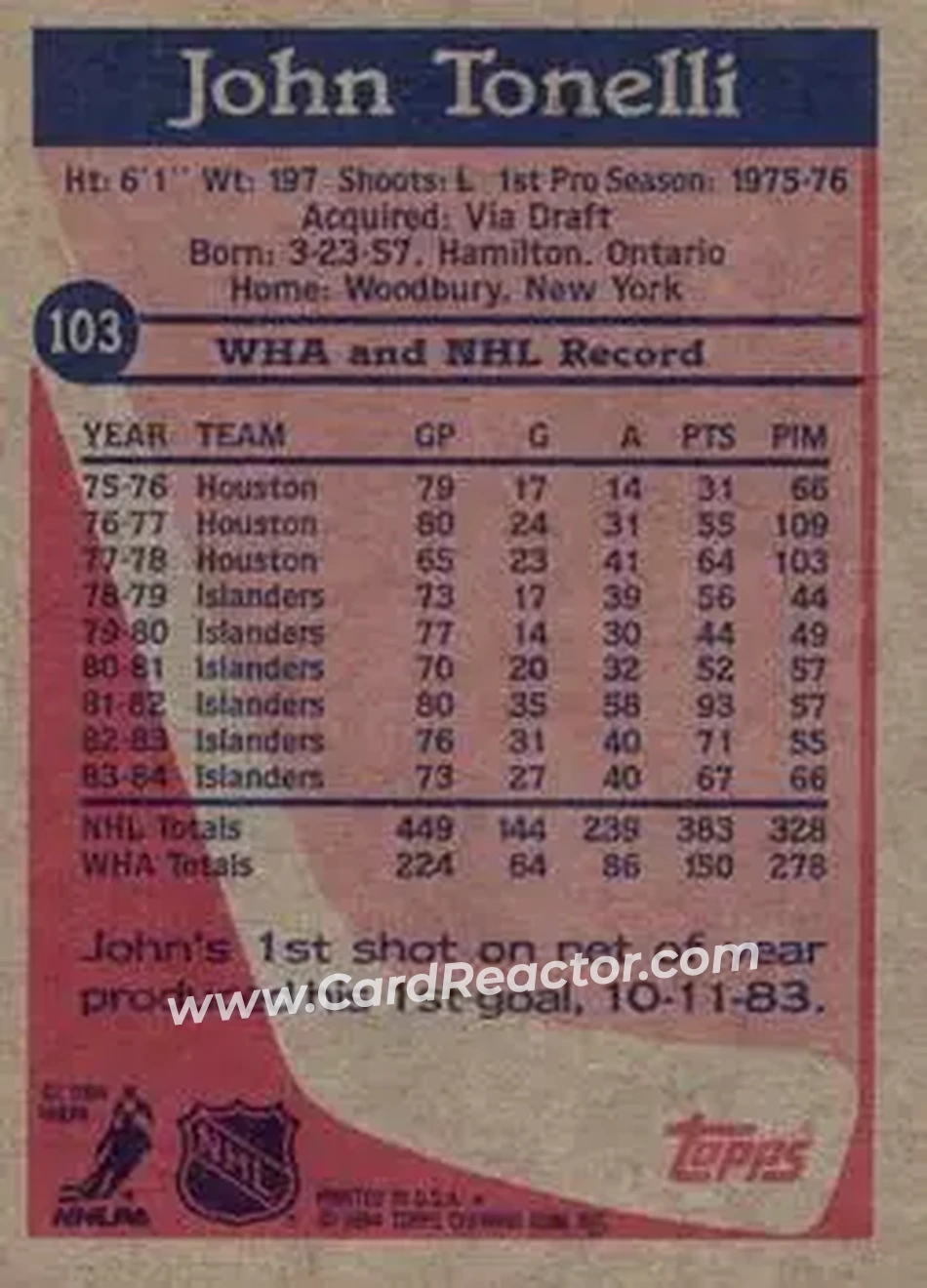 1984-85 Topps #103 - John Tonelli - New York Islanders - Back