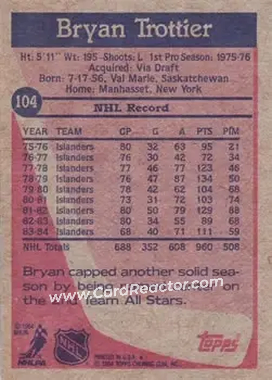 1984-85 Topps #104 - Bryan Trottier - New York Islanders - Back 1984-85 Topps #104 - Bryan Trottier - New York Islanders - Back