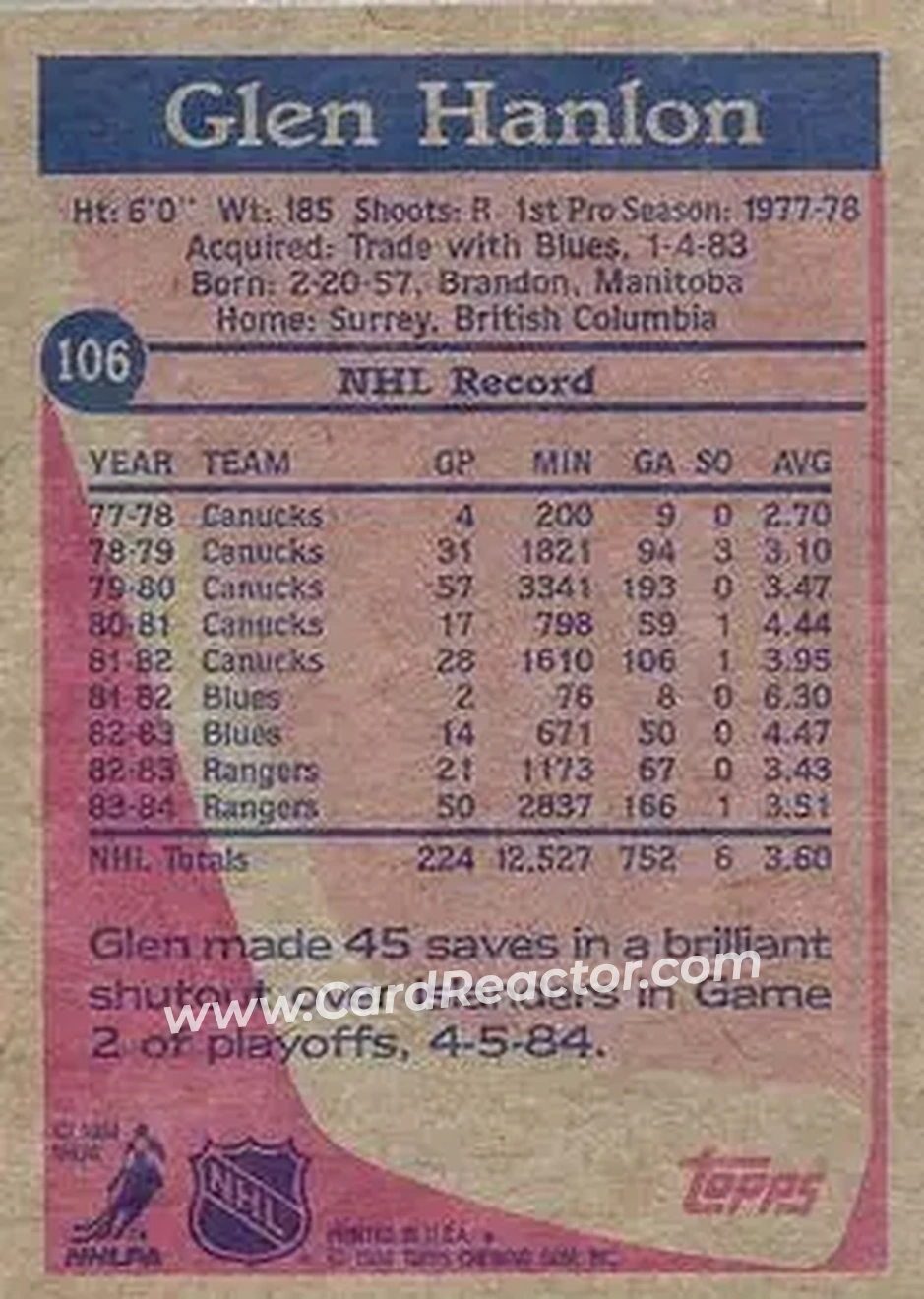 1984-85 Topps #106 - Glen Hanlon - New York Rangers - Back 1984-85 Topps #106 - Glen Hanlon - New York Rangers - Back
