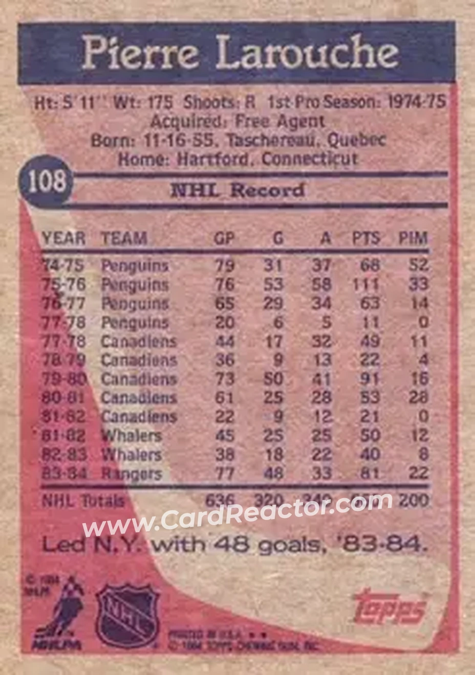 1984-85 Topps #108 - Pierre Larouche - New York Rangers - Back 1984-85 Topps #108 - Pierre Larouche - New York Rangers - Back