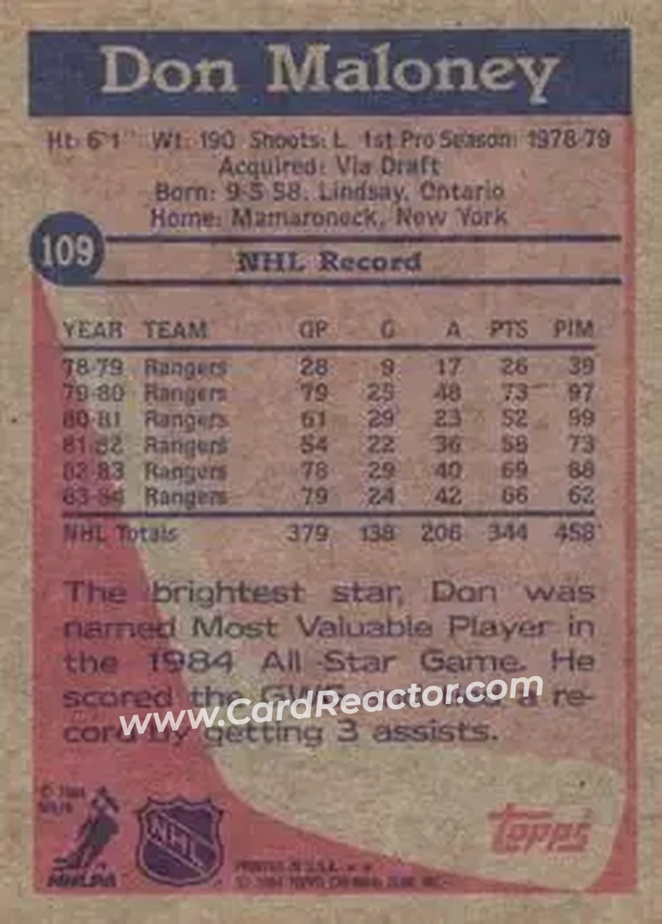 1984-85 Topps #109 - Don Maloney - New York Rangers - Back 1984-85 Topps #109 - Don Maloney - New York Rangers - Back