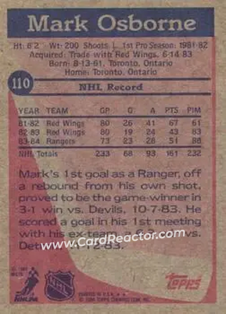 1984-85 Topps #110 - Mark Osborne - New York Rangers - Back 1984-85 Topps #110 - Mark Osborne - New York Rangers - Back
