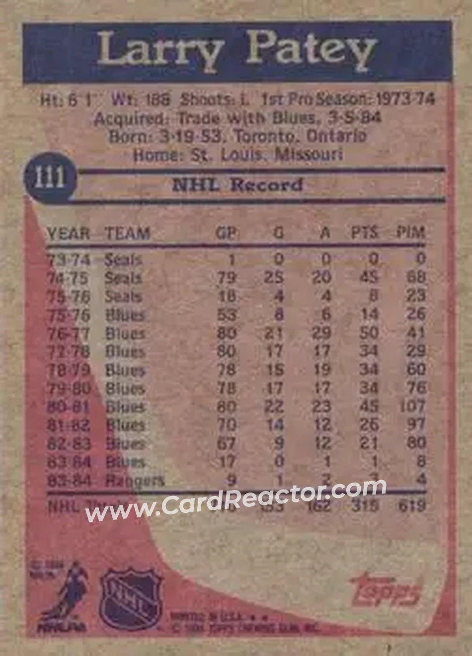 1984-85 Topps #111 - Larry Patey - New York Rangers - Back