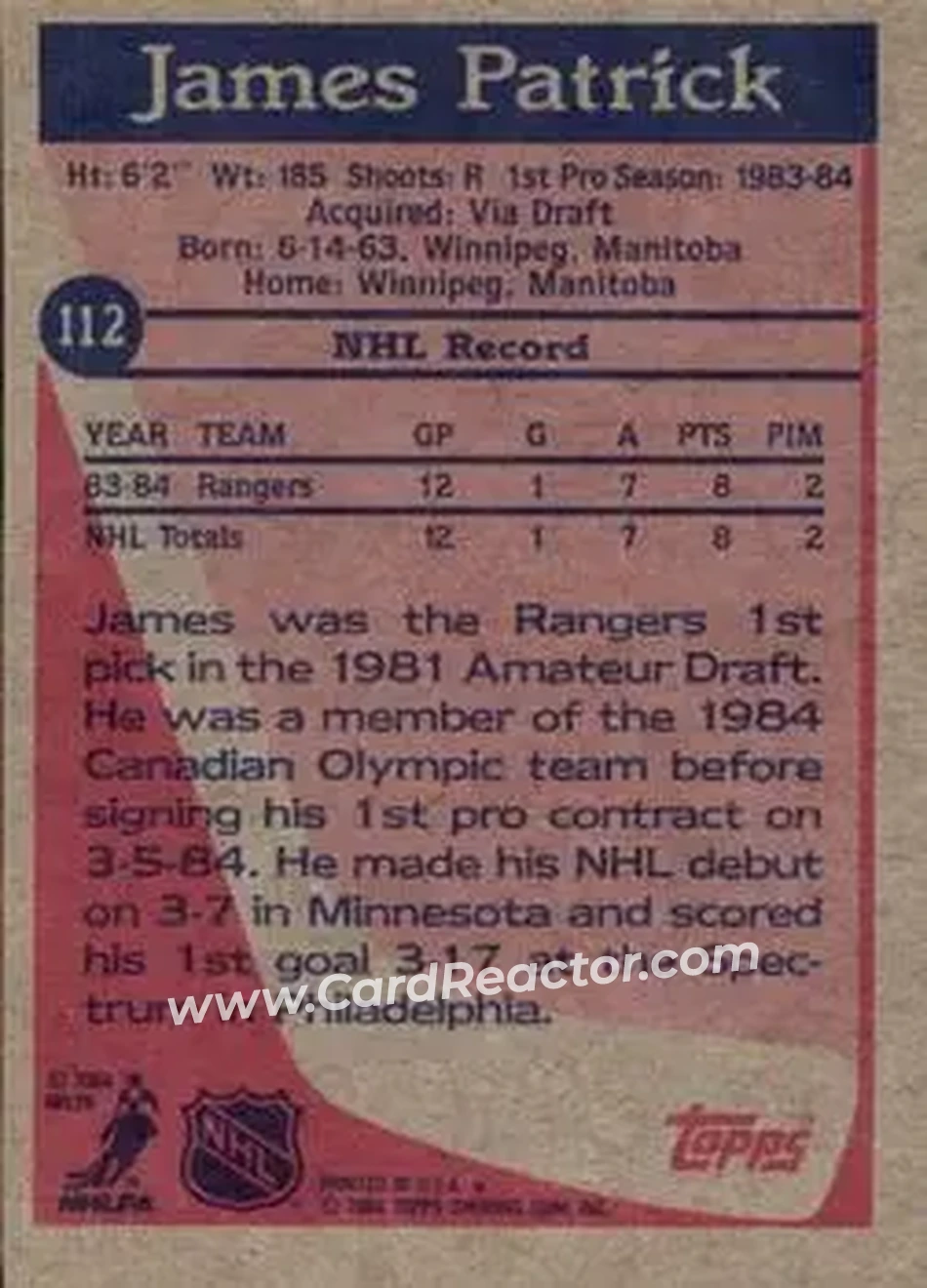 1984-85 Topps #112 - James Patrick - New York Rangers - Back 1984-85 Topps #112 - James Patrick - New York Rangers - Back