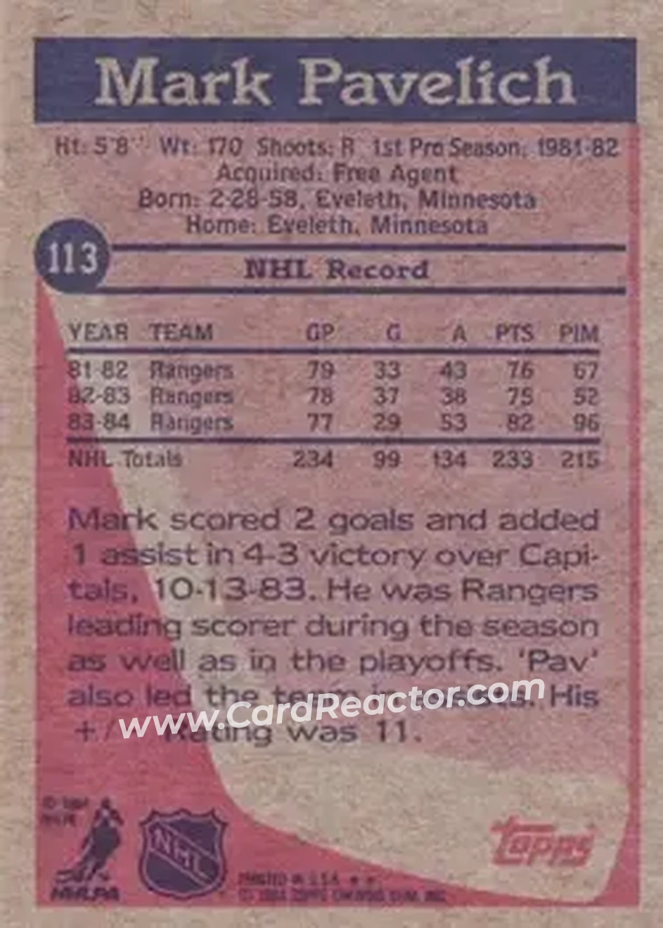 1984-85 Topps #113 - Mark Pavelich - New York Rangers - Back 1984-85 Topps #113 - Mark Pavelich - New York Rangers - Back