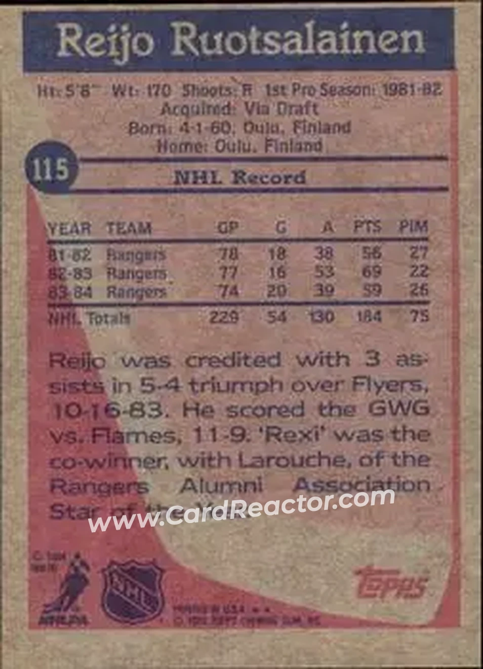 1984-85 Topps #115 - Reijo Ruotsalainen - New York Rangers - Back 1984-85 Topps #115 - Reijo Ruotsalainen - New York Rangers - Back