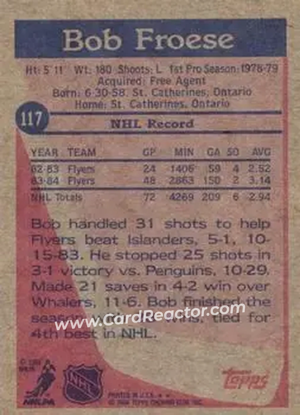 1984-85 Topps #117 - Bob Froese - Philadelphia Flyers - Back 1984-85 Topps #117 - Bob Froese - Philadelphia Flyers - Back