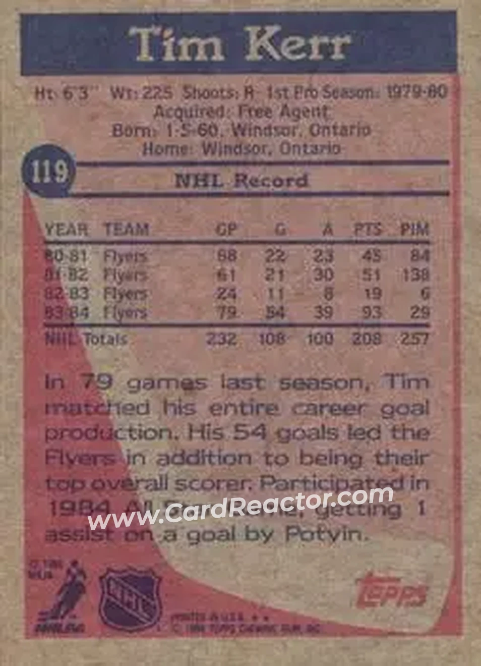 1984-85 Topps #119 - Tim Kerr - Philadelphia Flyers - Back