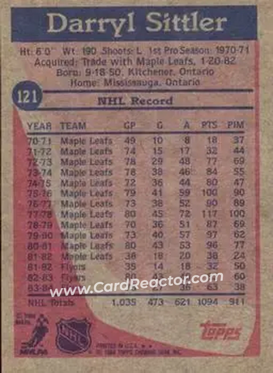 1984-85 Topps #121 - Darryl Sittler - Philadelphia Flyers - Back 1984-85 Topps #121 - Darryl Sittler - Philadelphia Flyers - Back
