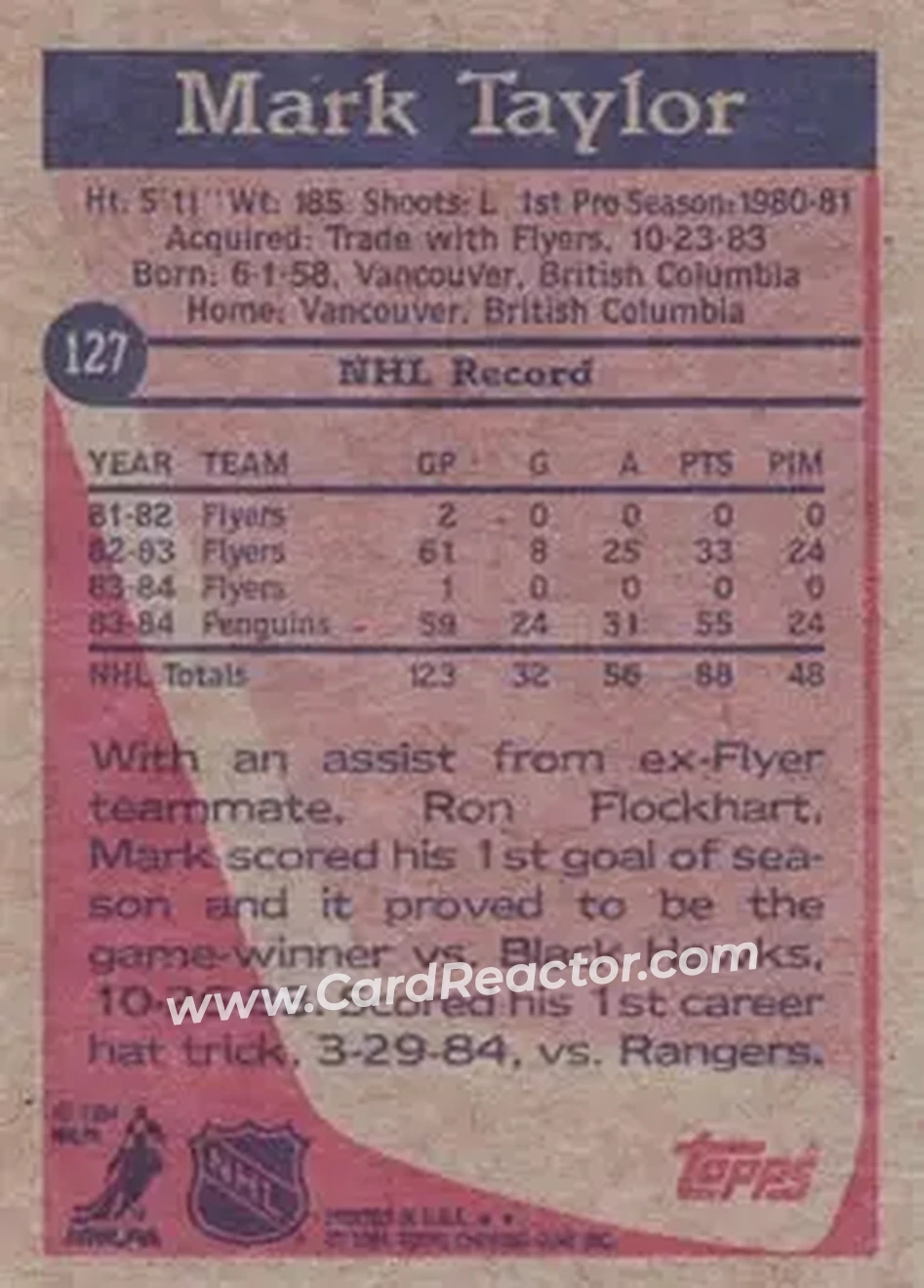 1984-85 Topps #127 - Mark Taylor - Pittsburgh Penguins - Back 1984-85 Topps #127 - Mark Taylor - Pittsburgh Penguins - Back