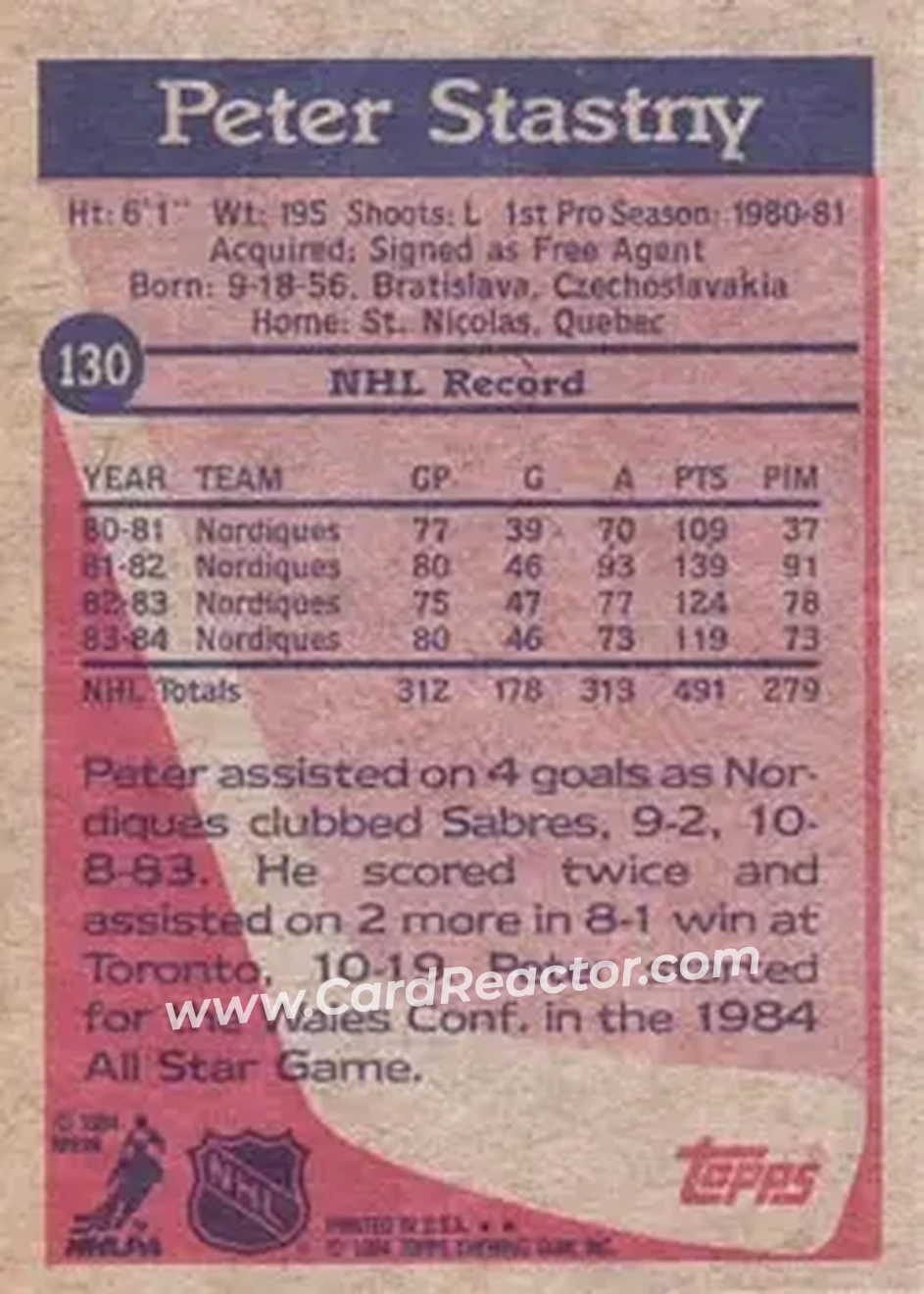1984-85 Topps #130 - Peter Stastny - Quebec Nordiques - Back