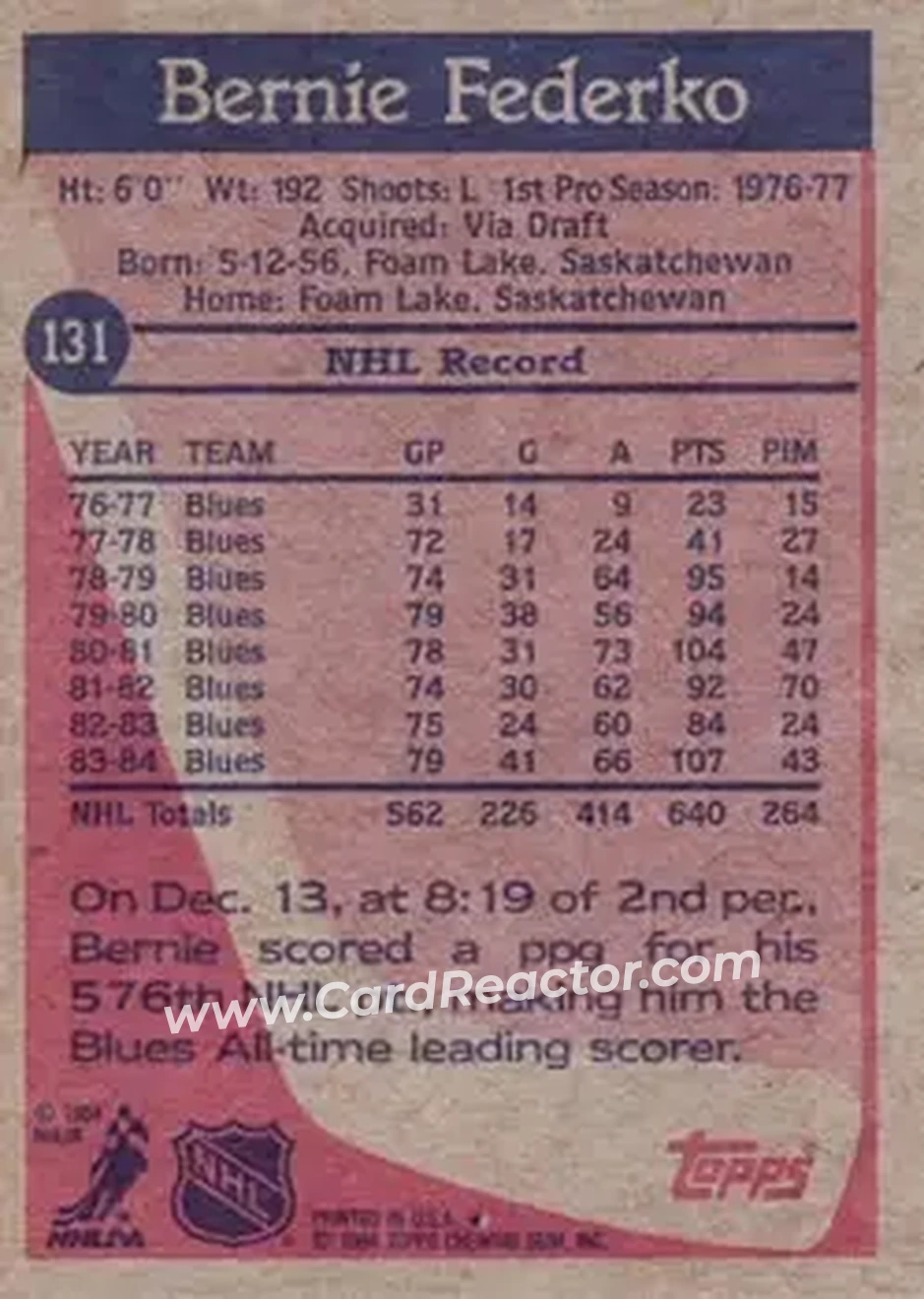 1984-85 Topps #131 - Bernie Federko - St. Louis Blues - Back