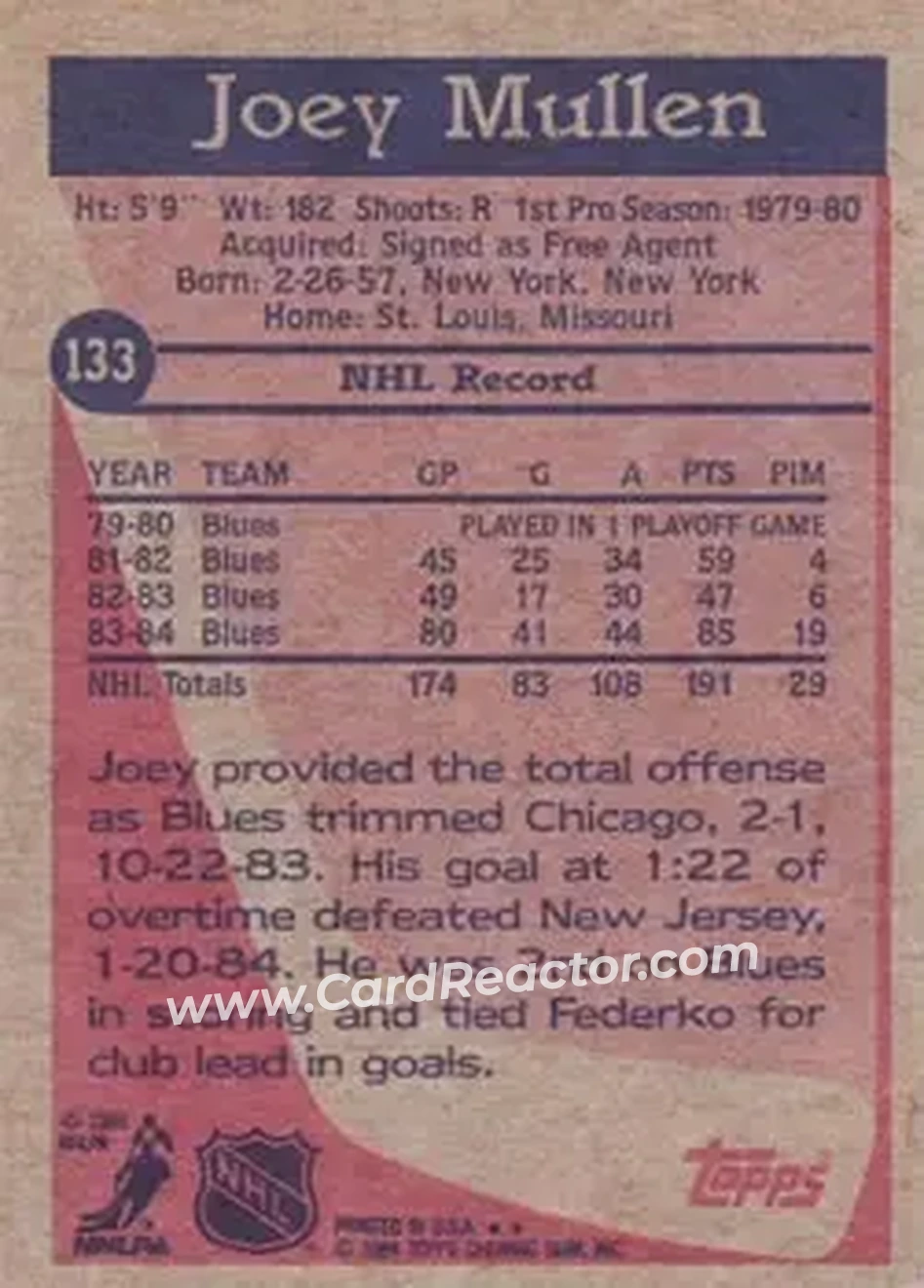 1984-85 Topps #133 - Joey Mullen - St. Louis Blues - Back