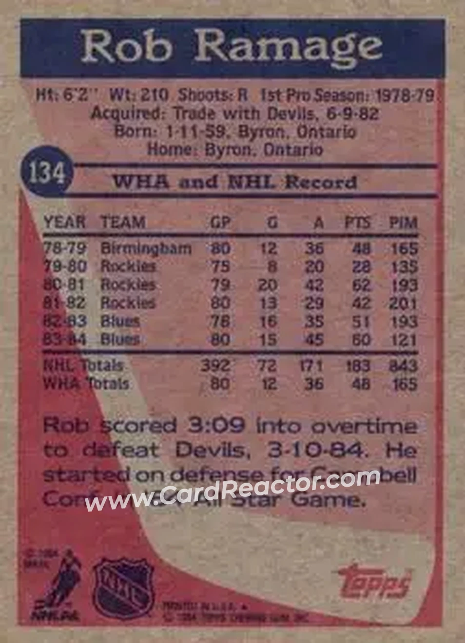 1984-85 Topps #134 - Rob Ramage - St. Louis Blues - Back