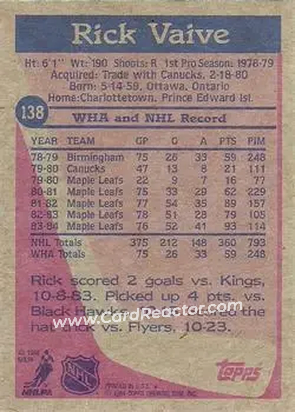 1984-85 Topps #138 - Rick Vaive - Toronto Maple Leafs - Back