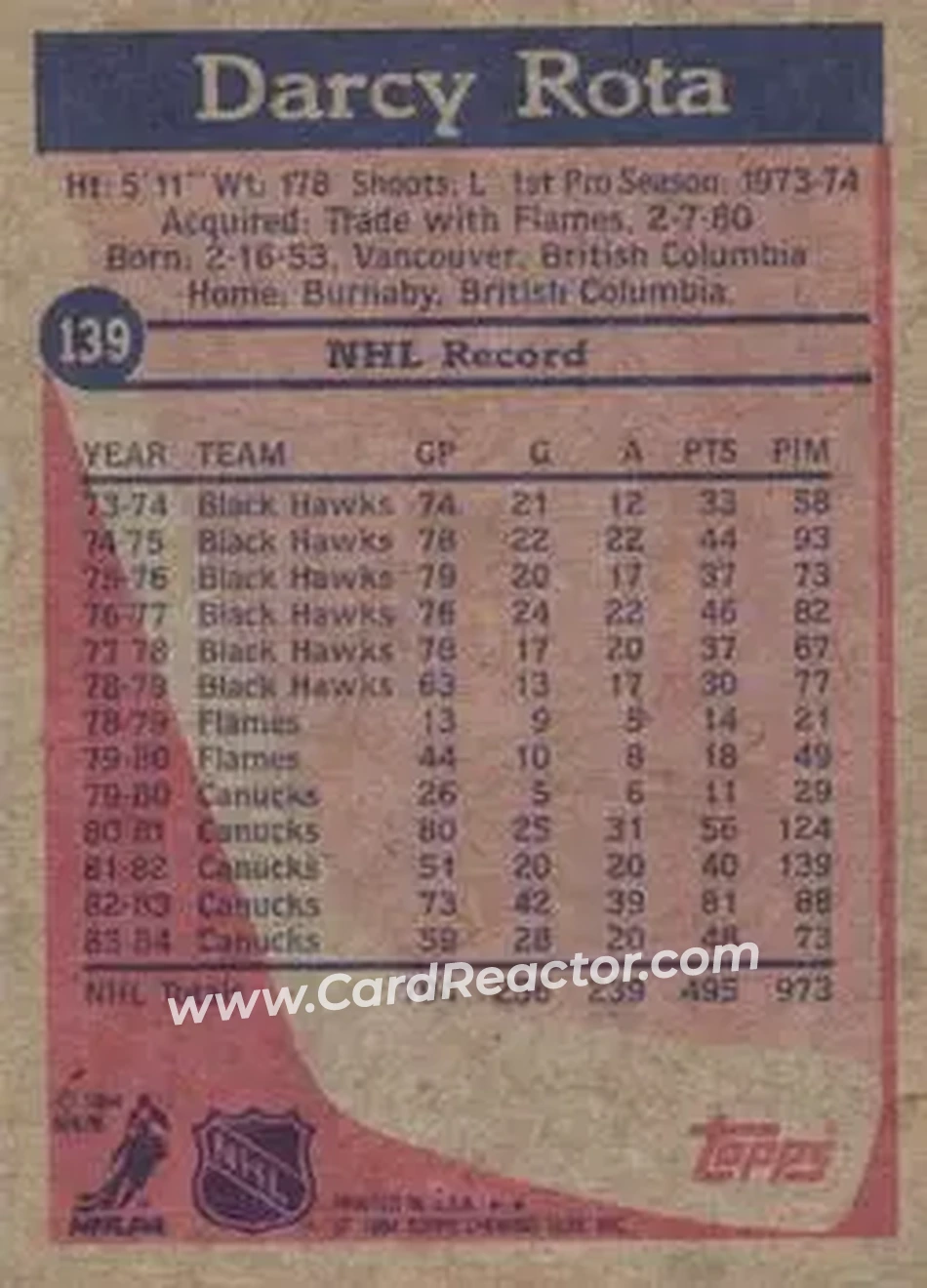 1984-85 Topps #139 - Darcy Rota - Vancouver Canucks - Back