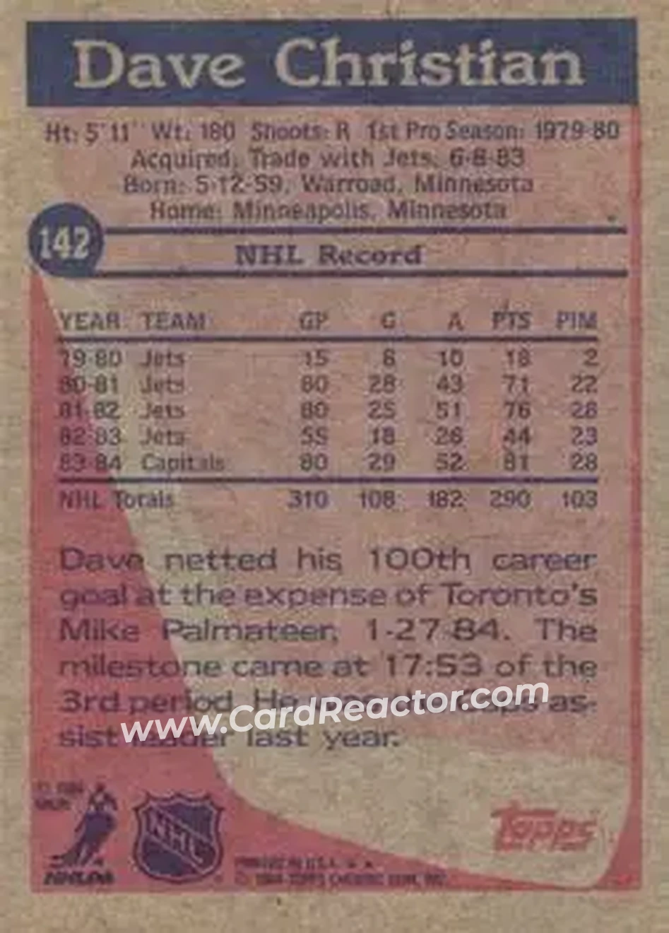 1984-85 Topps #142 - Dave Christian - Washington Capitals - Back 1984-85 Topps #142 - Dave Christian - Washington Capitals - Back