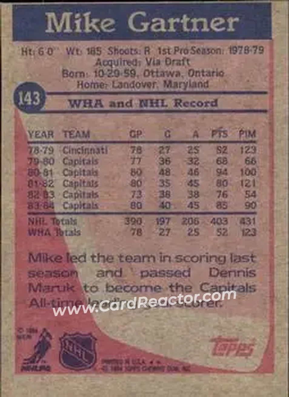 1984-85 Topps #143 - Mike Gartner - Washington Capitals - Back