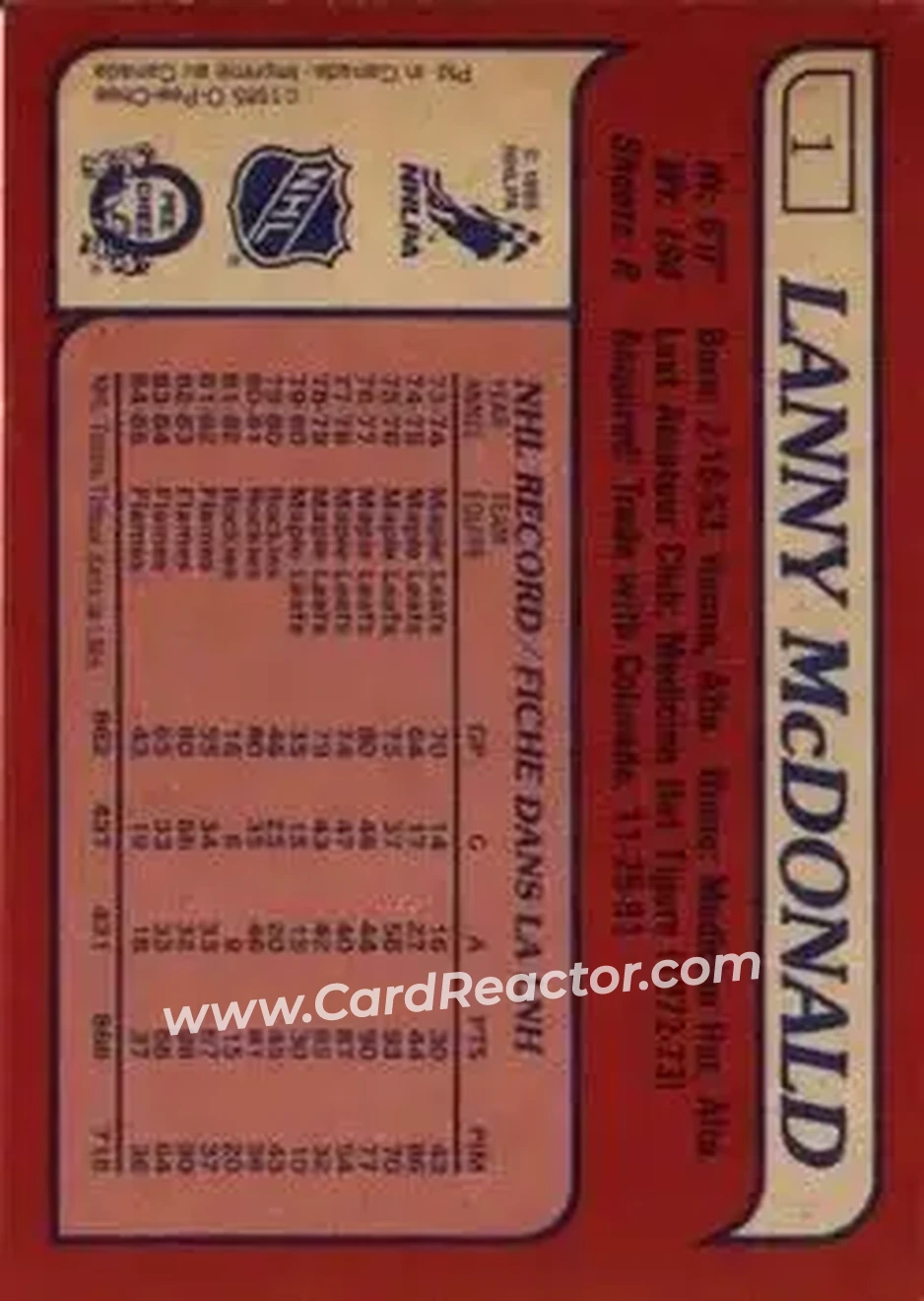 1985-86 O-Pee-Chee #1 - Lanny McDonald - Calgary Flames - Back 1985-86 O-Pee-Chee #1 - Lanny McDonald - Calgary Flames - Back