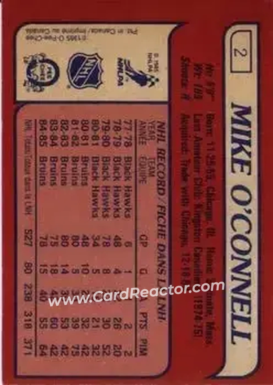 1985-86 O-Pee-Chee #2 - Mike O'Connell - Boston Bruins - Back