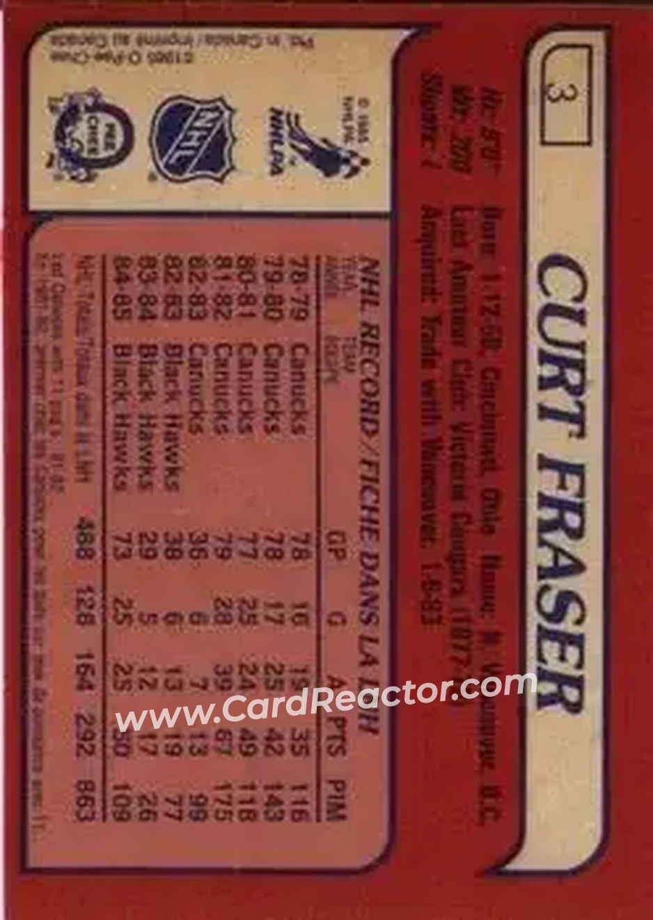 1985-86 O-Pee-Chee #3 - Curt Fraser - Chicago Blackhawks - Back 1985-86 O-Pee-Chee #3 - Curt Fraser - Chicago Blackhawks - Back