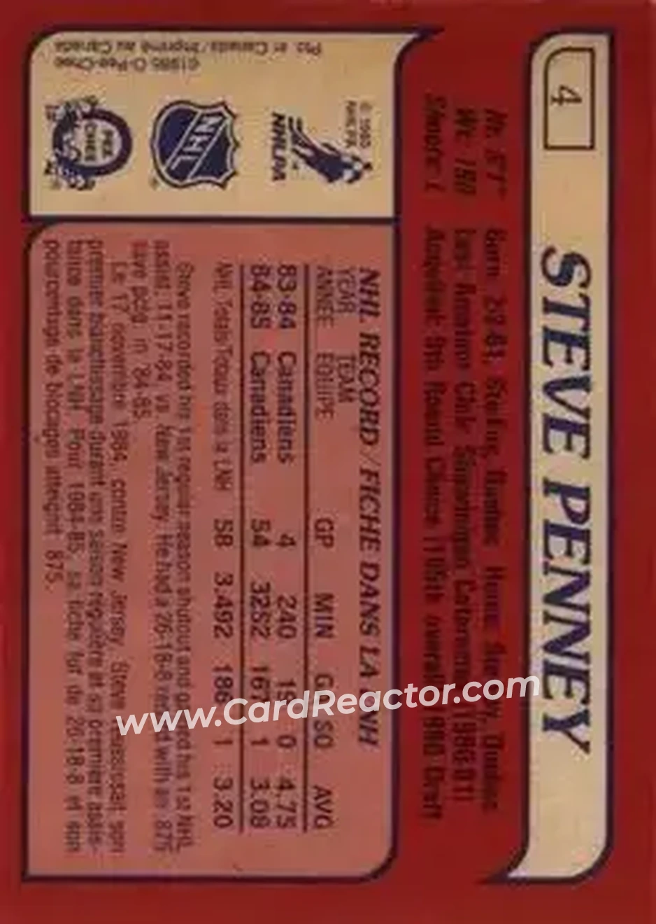 1985-86 O-Pee-Chee #4 - Steve Penney - Montreal Canadiens - Back