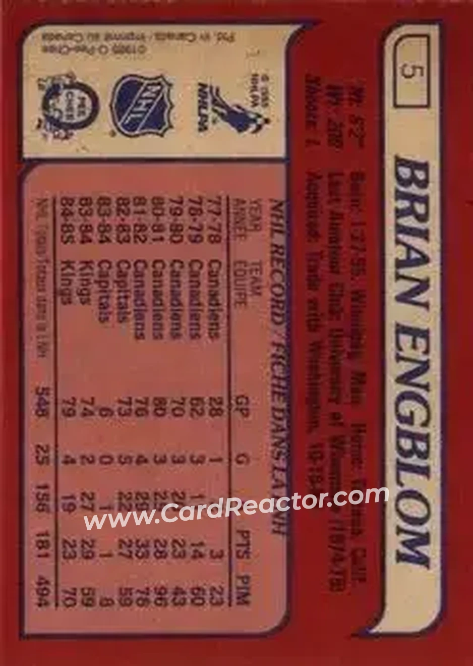 1985-86 O-Pee-Chee #5 - Brian Engblom - Los Angeles Kings - Back 1985-86 O-Pee-Chee #5 - Brian Engblom - Los Angeles Kings - Back