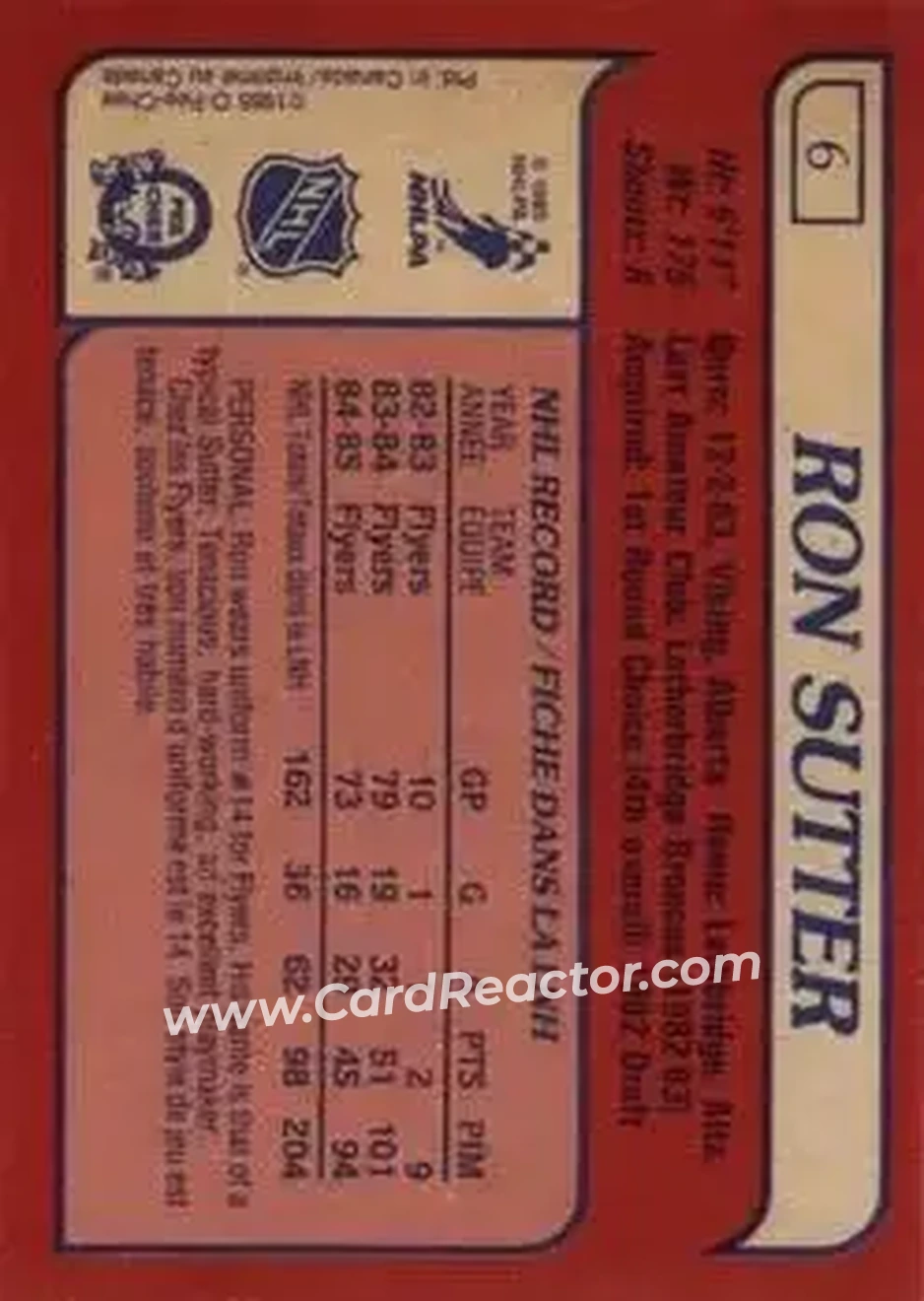 1985-86 O-Pee-Chee #6 - Ron Sutter - Philadelphia Flyers - Back