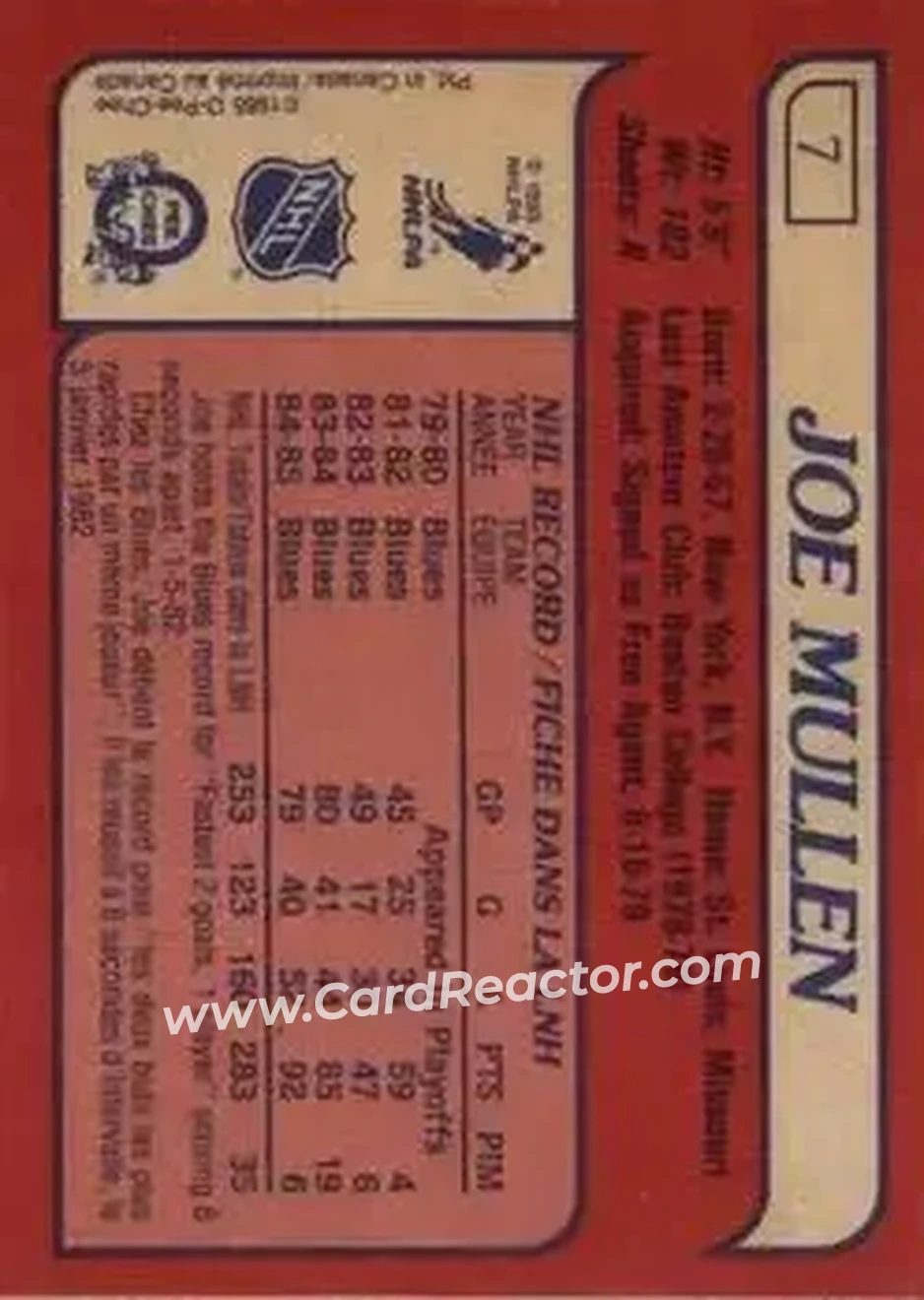 1985-86 O-Pee-Chee #7 - Joey Mullen - St. Louis Blues - Back