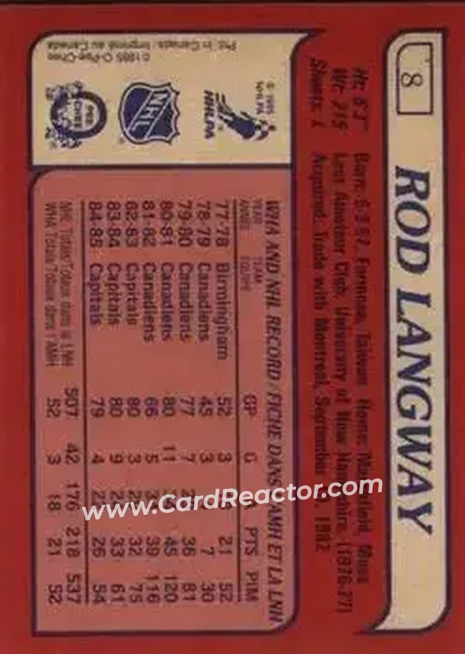 1985-86 O-Pee-Chee #8 - Rod Langway - Washington Capitals - Back