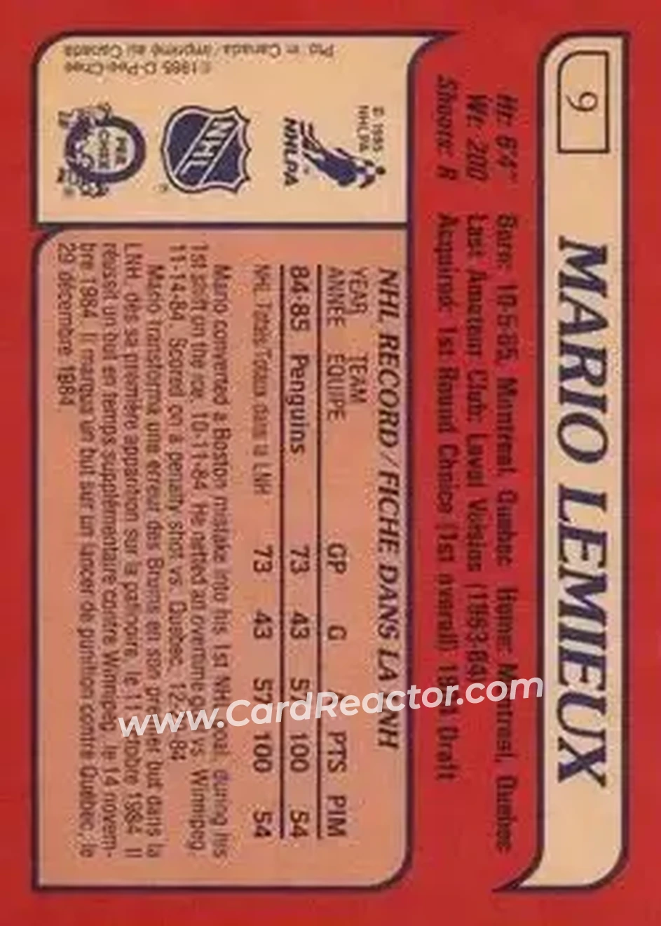 1985-86 O-Pee-Chee #9 - Mario Lemieux - Pittsburgh Penguins - Back