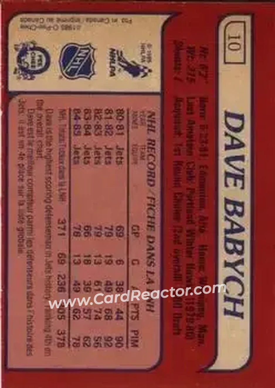 1985-86 O-Pee-Chee #10 - Dave Babych - Winnipeg Jets - Back 1985-86 O-Pee-Chee #10 - Dave Babych - Winnipeg Jets - Back