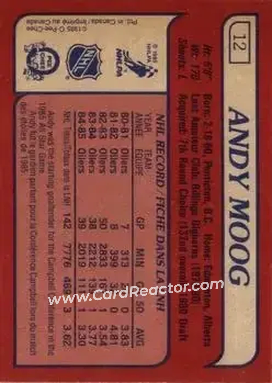 1985-86 O-Pee-Chee #12 - Andy Moog - Edmonton Oilers - Back 1985-86 O-Pee-Chee #12 - Andy Moog - Edmonton Oilers - Back
