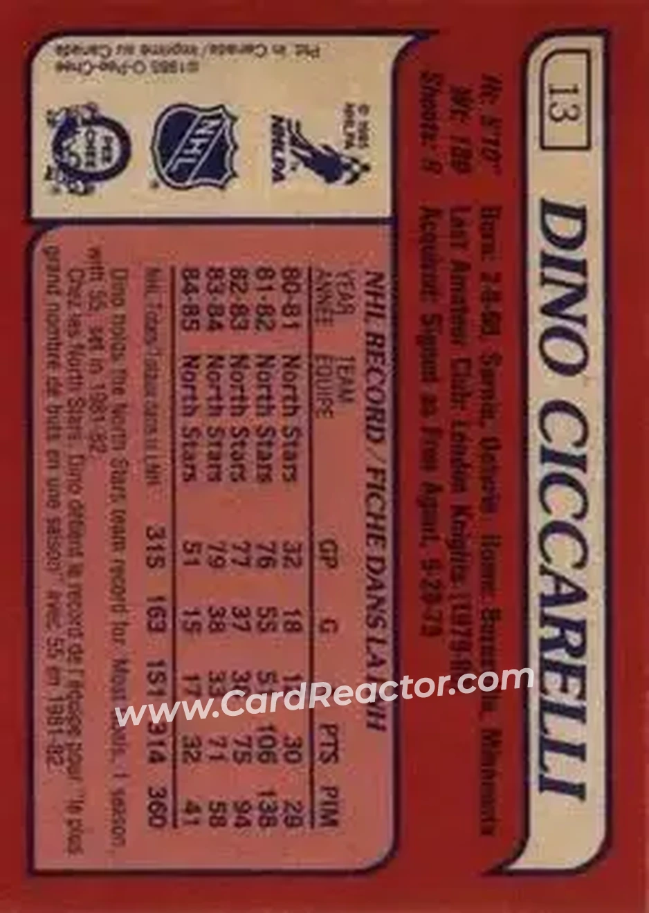 1985-86 O-Pee-Chee #13 - Dino Ciccarelli - Minnesota North Stars - Back