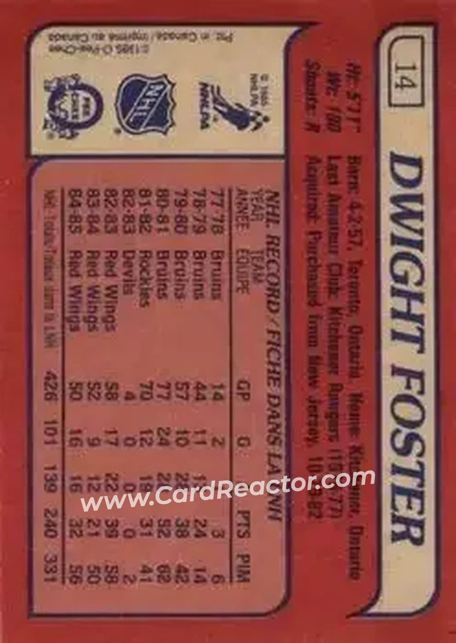 1985-86 O-Pee-Chee #14 - Dwight Foster - Detroit Red Wings - Back 1985-86 O-Pee-Chee #14 - Dwight Foster - Detroit Red Wings - Back