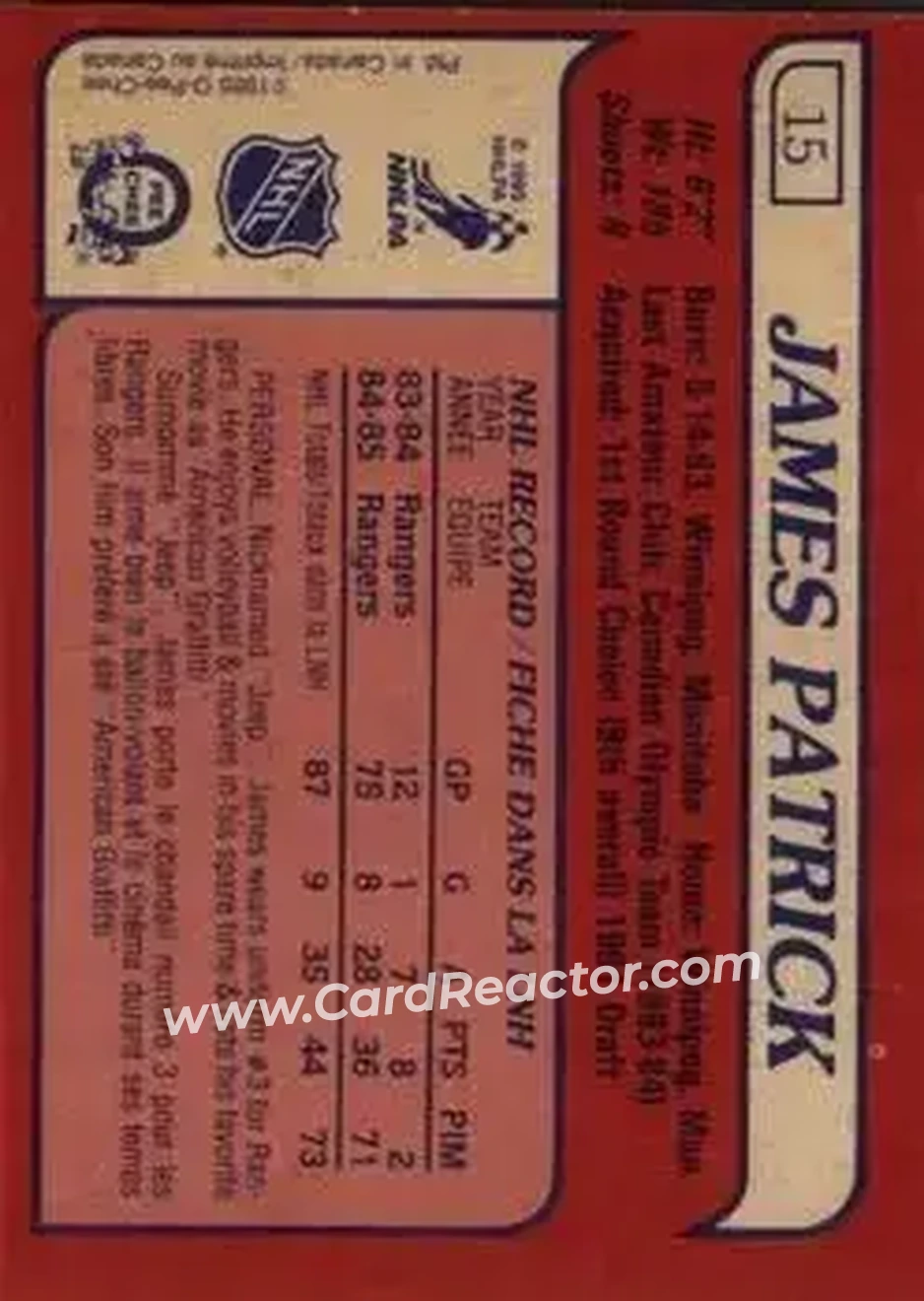1985-86 O-Pee-Chee #15 - James Patrick - New York Rangers - Back 1985-86 O-Pee-Chee #15 - James Patrick - New York Rangers - Back