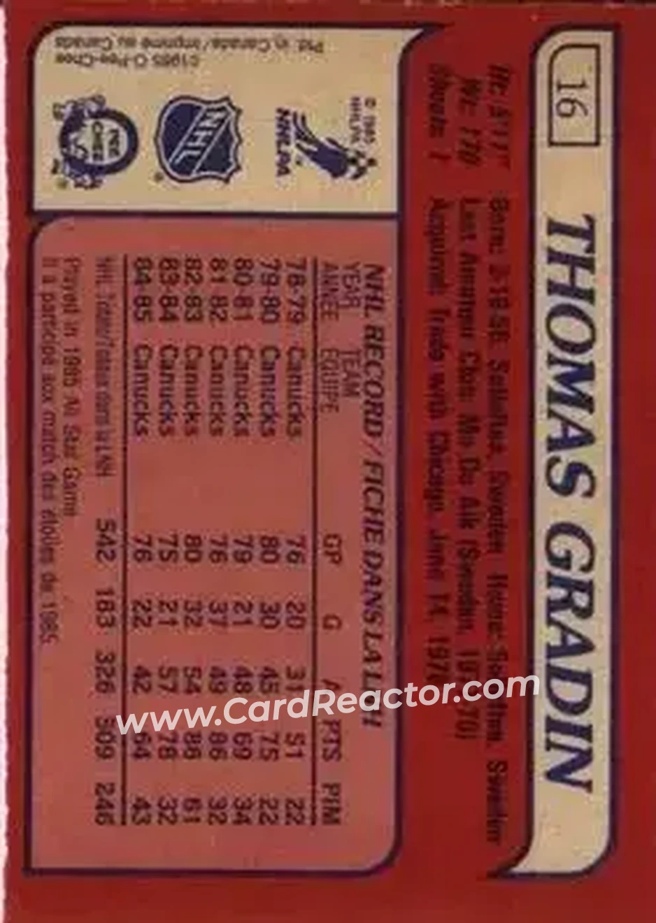 1985-86 O-Pee-Chee #16 - Thomas Gradin - Vancouver Canucks - Back