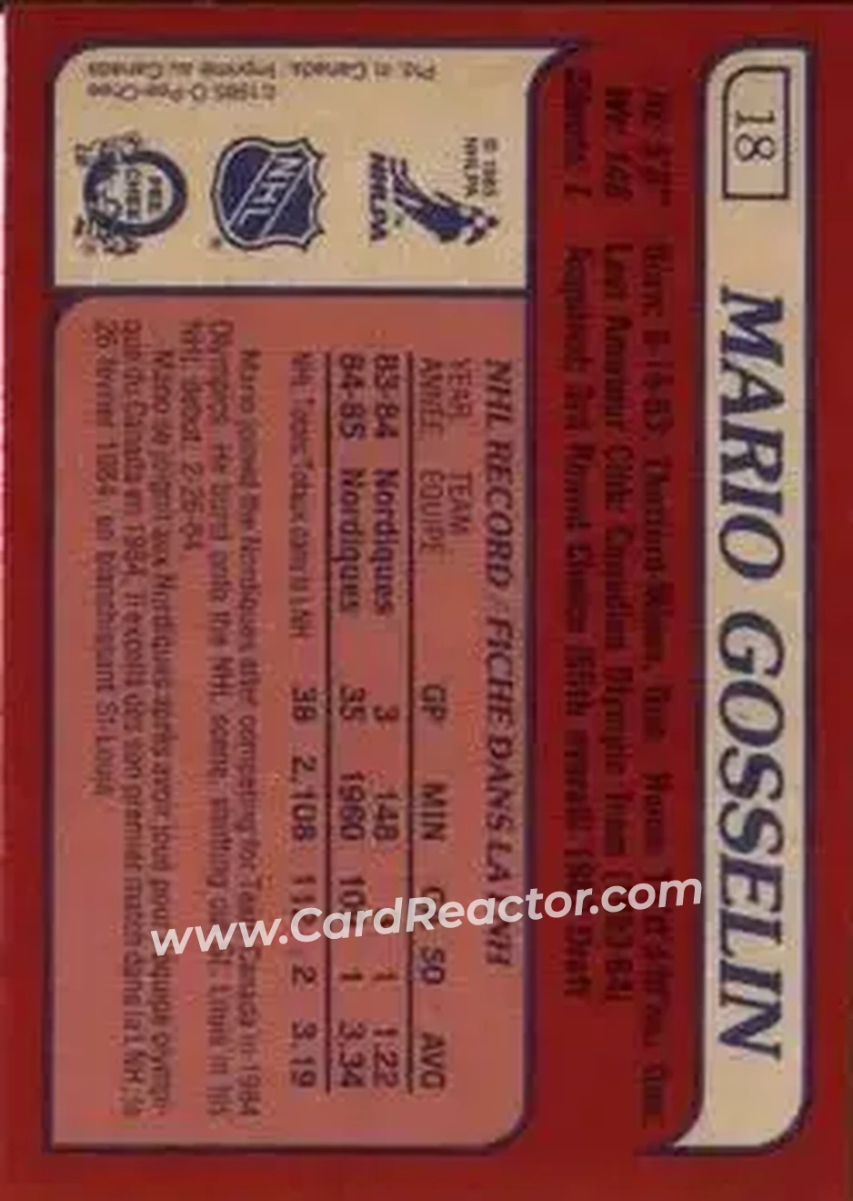 1985-86 O-Pee-Chee #18 - Mario Gosselin - Quebec Nordiques - Back