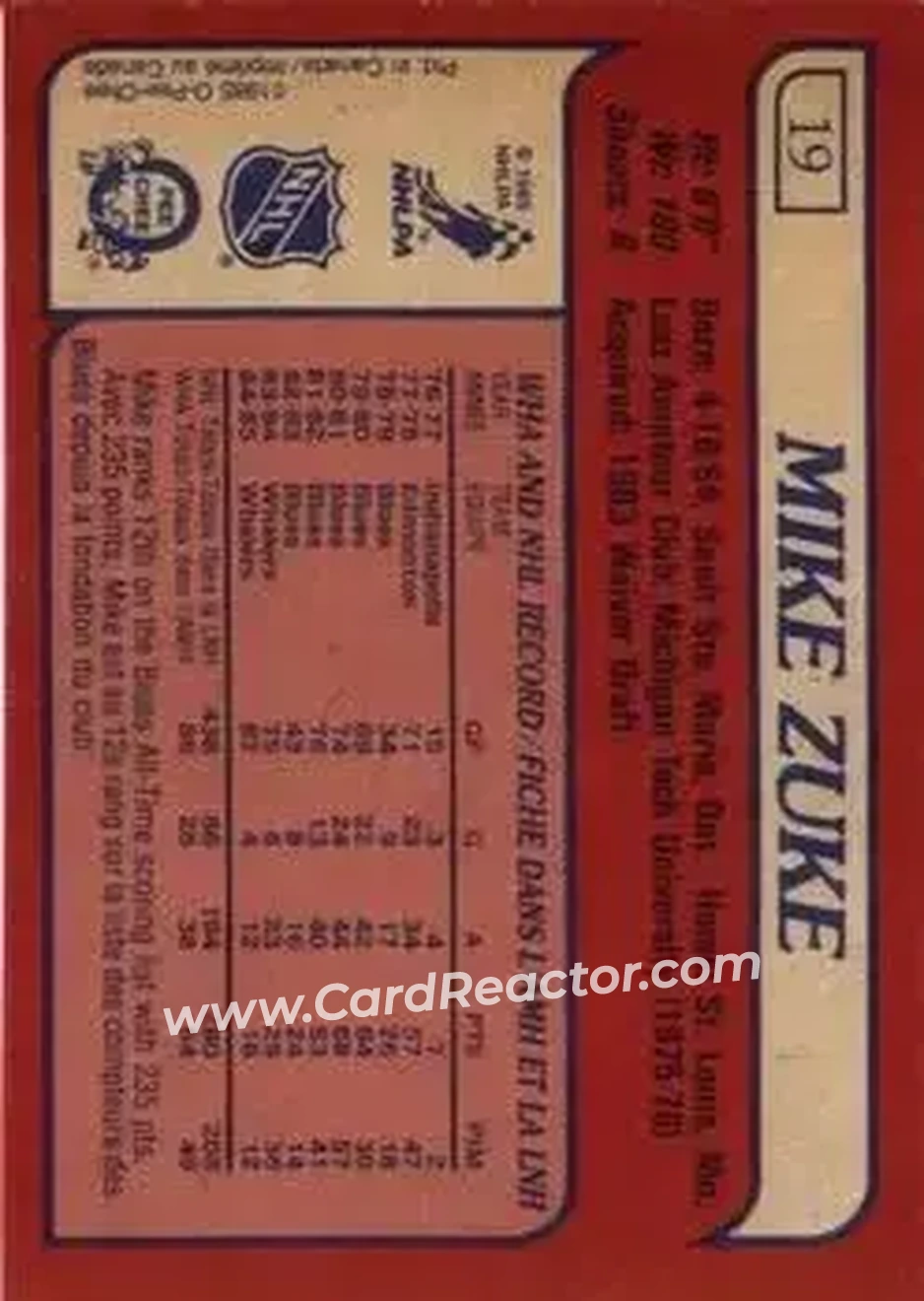 1985-86 O-Pee-Chee #19 - Mike Zuke - Hartford Whalers - Back