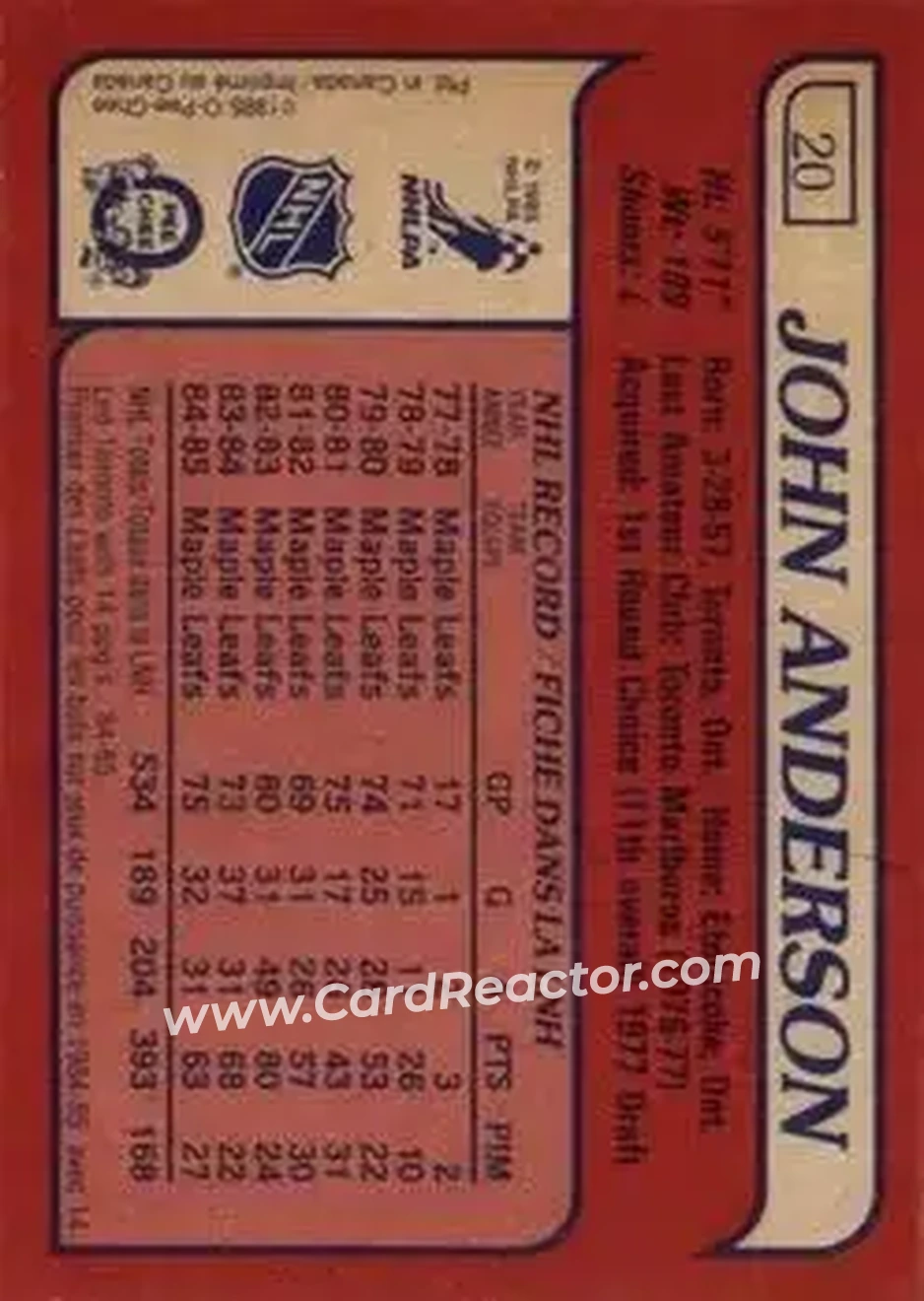 1985-86 O-Pee-Chee #20 - John Anderson - Quebec Nordiques - Back 1985-86 O-Pee-Chee #20 - John Anderson - Quebec Nordiques - Back