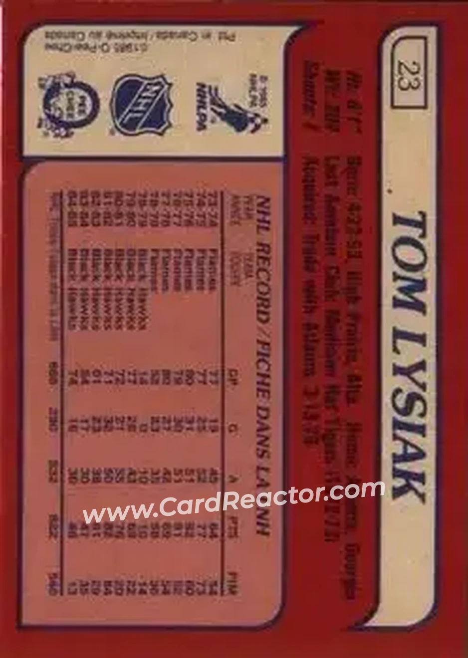 1985-86 O-Pee-Chee #23 - Tom Lysiak - Chicago Blackhawks - Back 1985-86 O-Pee-Chee #23 - Tom Lysiak - Chicago Blackhawks - Back