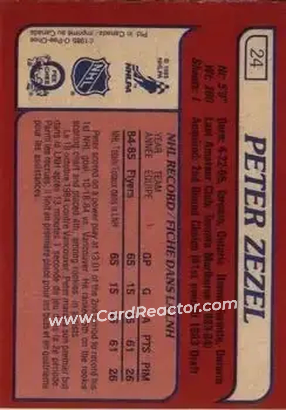 1985-86 O-Pee-Chee #24 - Peter Zezel - Philadelphia Flyers - Back 1985-86 O-Pee-Chee #24 - Peter Zezel - Philadelphia Flyers - Back